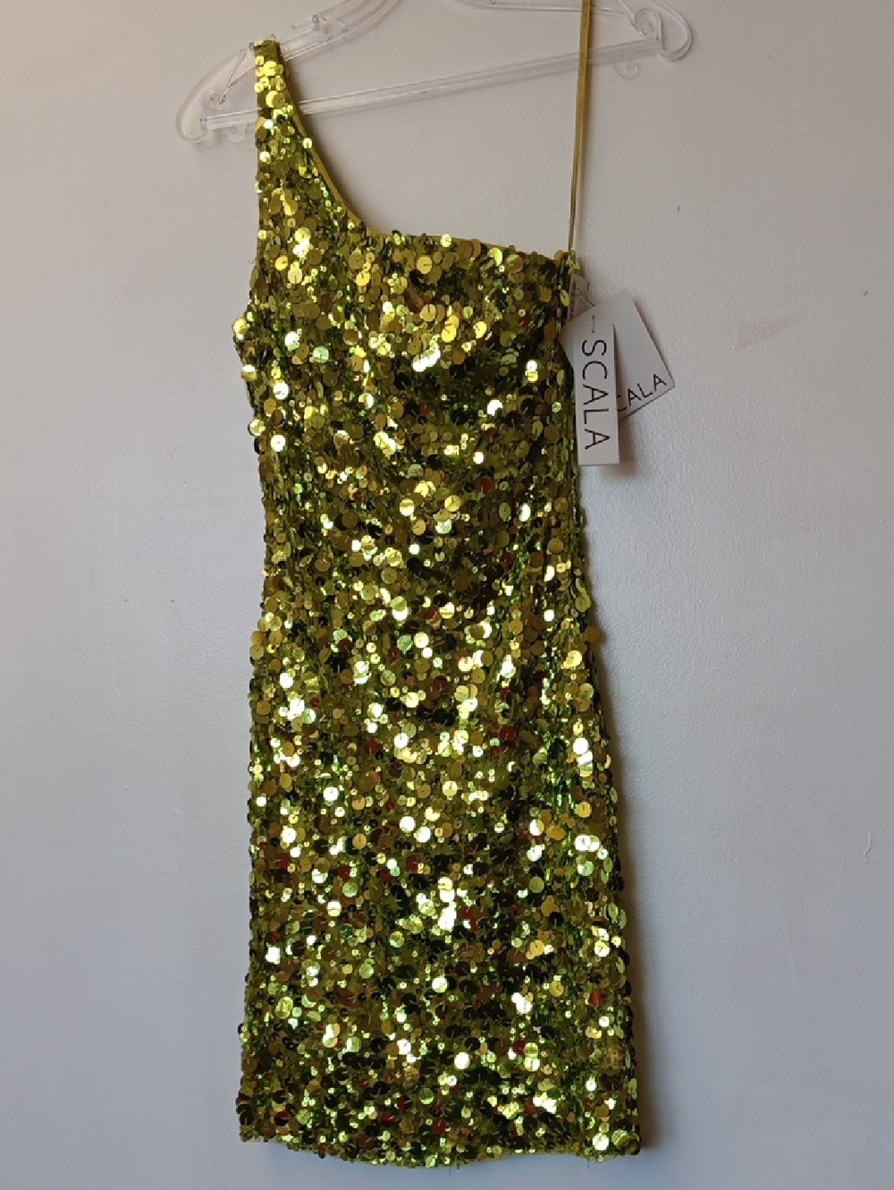 Vintage Scala Stunning One-Shoulder Sequin Dress in Shimmering Pailet Lime